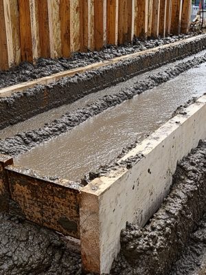 Wet concrete is being poured into wooden forms during a construction project to create a foundation.
